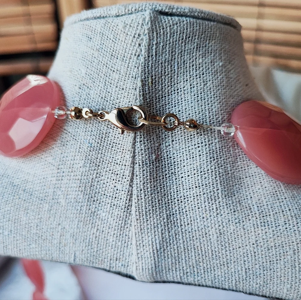 Salmon Color Faceted Translucent Acrylic Lucite Large Oval Flat Bead Necklace